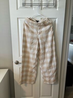 Beige and White Gingham Wide Leg Pants